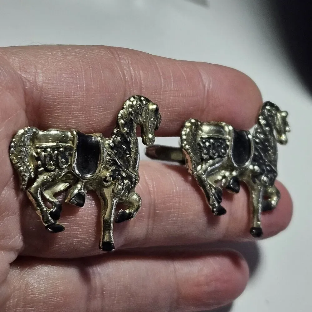 *Sale* Silver Tone With Black Saddled Horse Vintage Cufflinks
